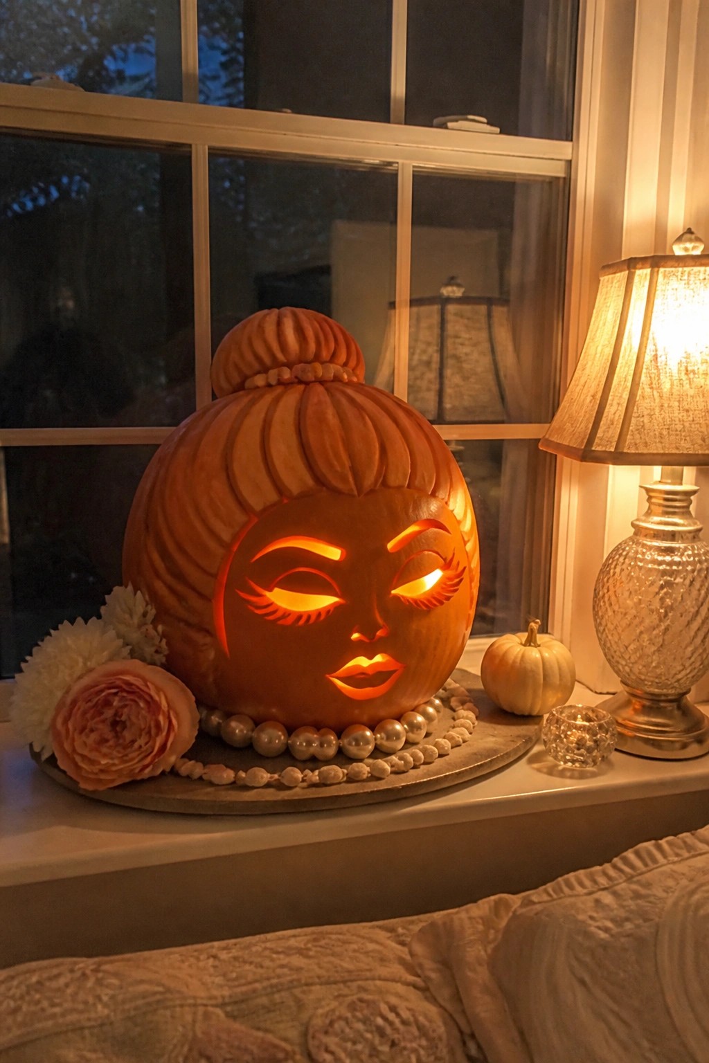 A large carved pumpkin with a woman's face, bun hairstyle, and glowing features sits on a windowsill tray with pearls and flowers.
