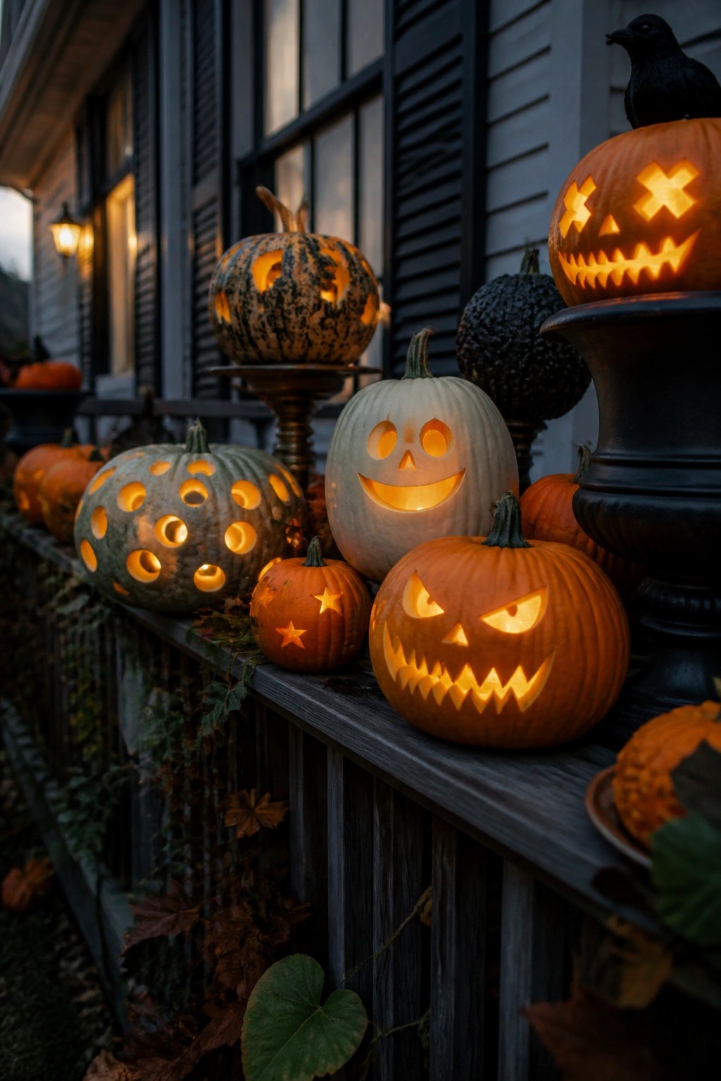 Front porch with multiple carved jack o lanterns of different sizes and faces arranged along a wooden railing and steps.