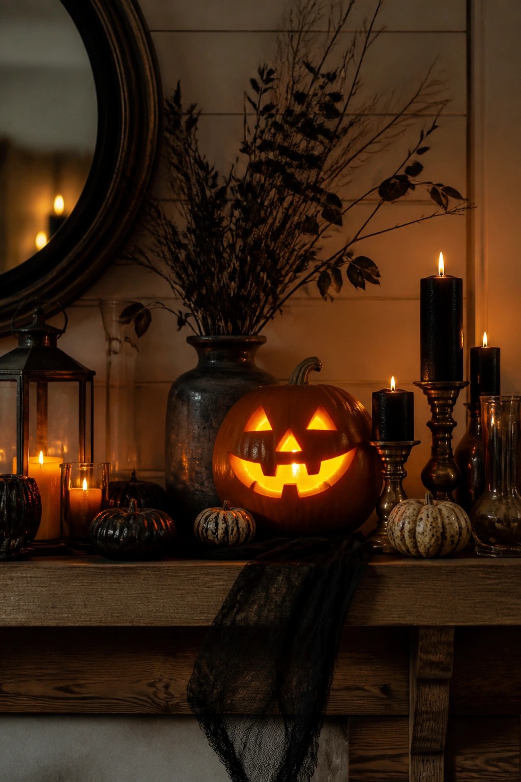 Wooden mantel with a glowing carved jack o lantern centered among black candles, small pumpkins, and a dark vase of branches.