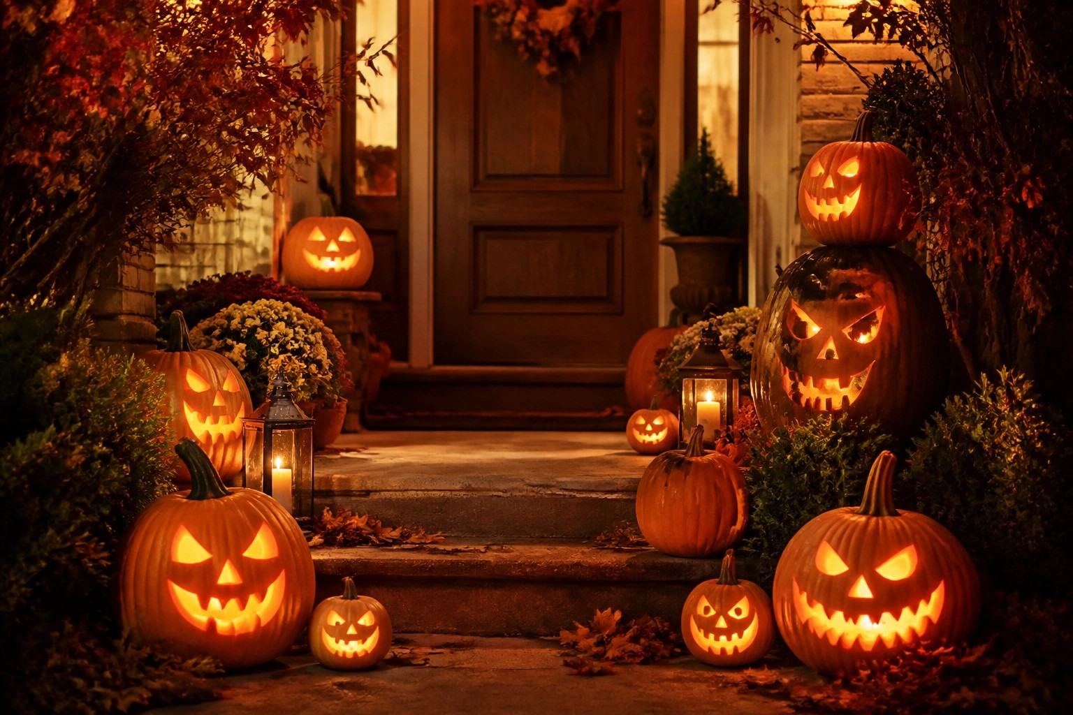 Front porch steps lined with several carved and lit jack o' lanterns of different sizes next to a wooden door.