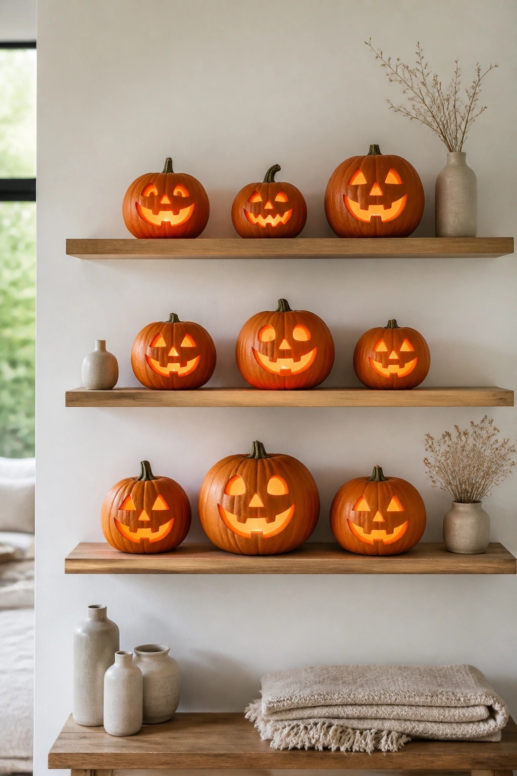 Three wooden shelves on a white wall display multiple lit jack-o'-lanterns with carved faces, along with a few small neutral vases.