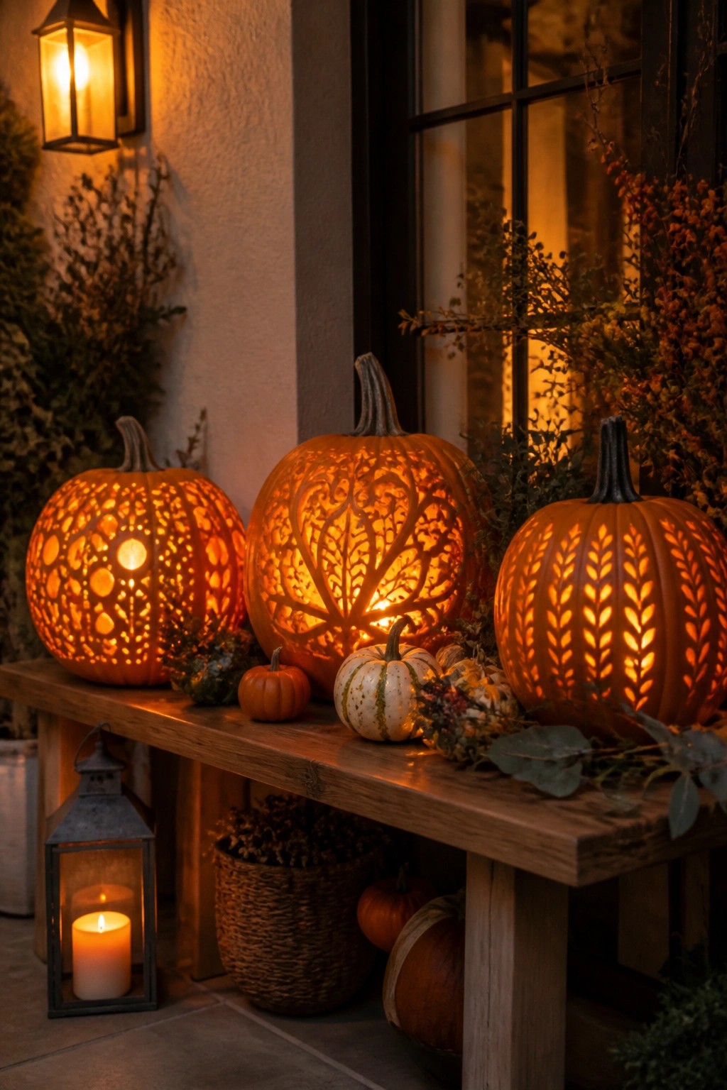 Three large carved and lit jack o lanterns with different patterns sit on a wooden bench beside a door.