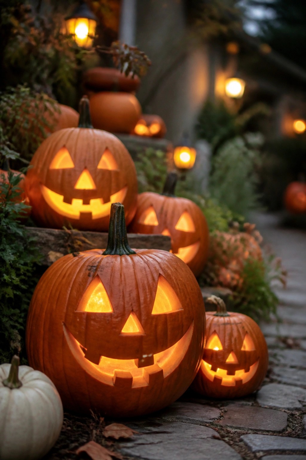 Multiple carved jack o lanterns with glowing faces clustered on stone steps and a cobblestone path.
