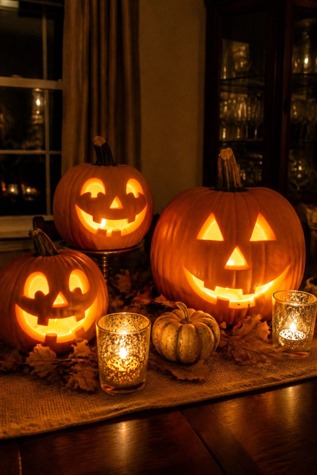 Three carved jack o' lanterns of varying sizes sit lit on a table beside two small candles and a striped gourd.