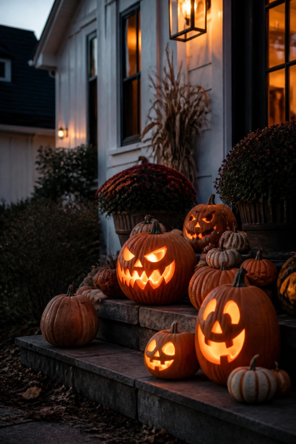 Stone porch steps lined with carved jack o lanterns of various sizes, all glowing from within at dusk.