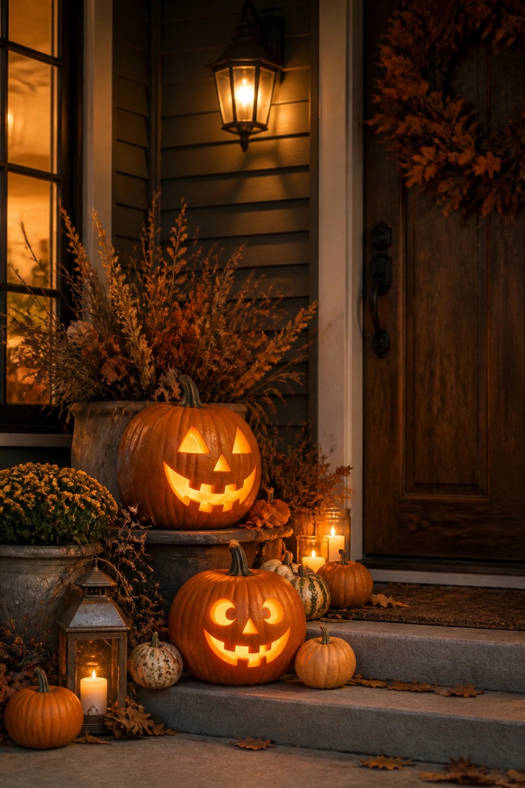 Front porch steps lined with several carved and lit jack o' lanterns of different sizes next to a wooden door.