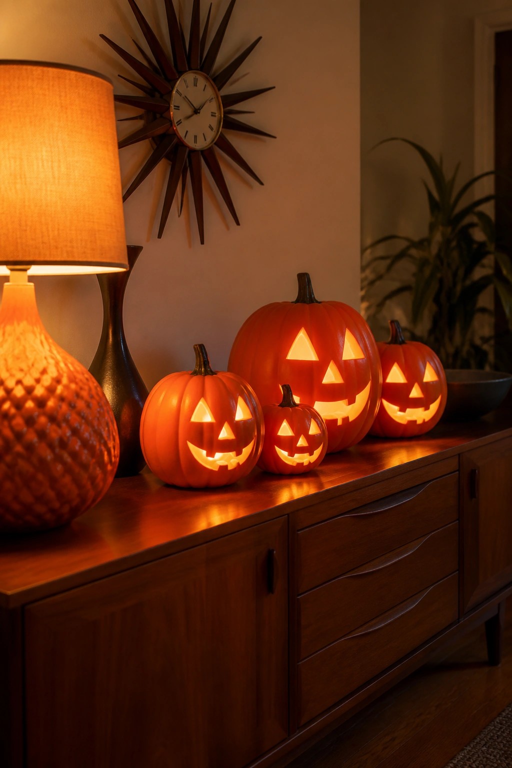 A dark wood console table holding five carved and lit jack-o'-lanterns of varying sizes next to a glowing orange lamp.