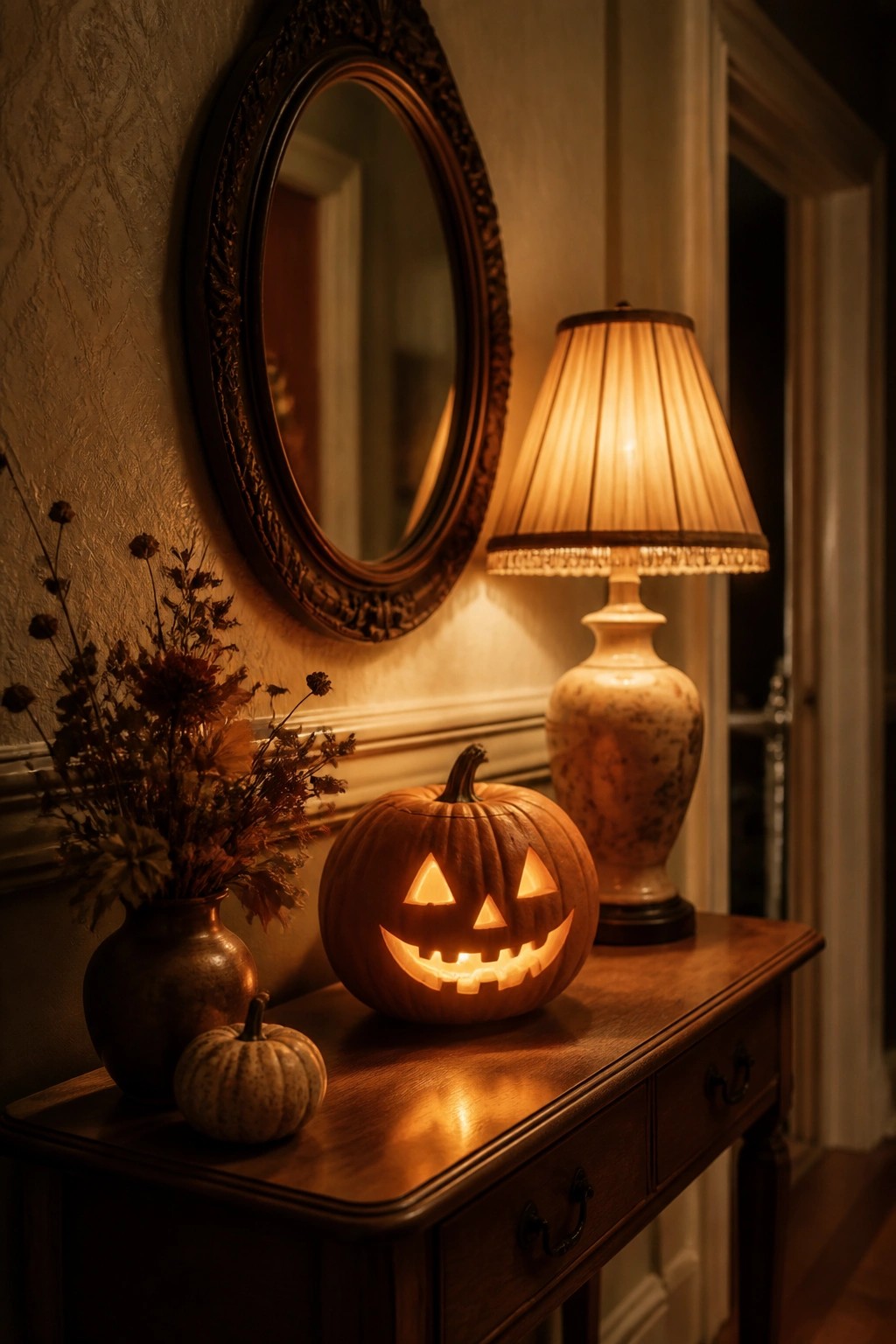 Lit jack-o'-lantern on wooden table with lamp, vase, and round mirror