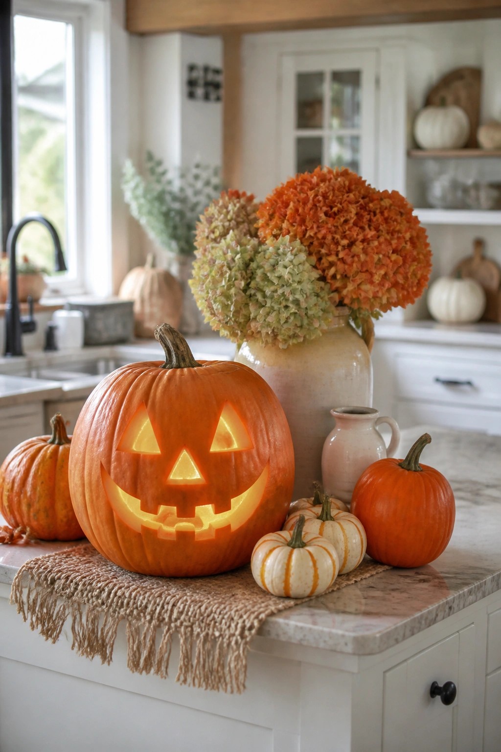 A large carved and lit jack o lantern sits on a kitchen counter with smaller pumpkins nearby and orange flowers in the background.