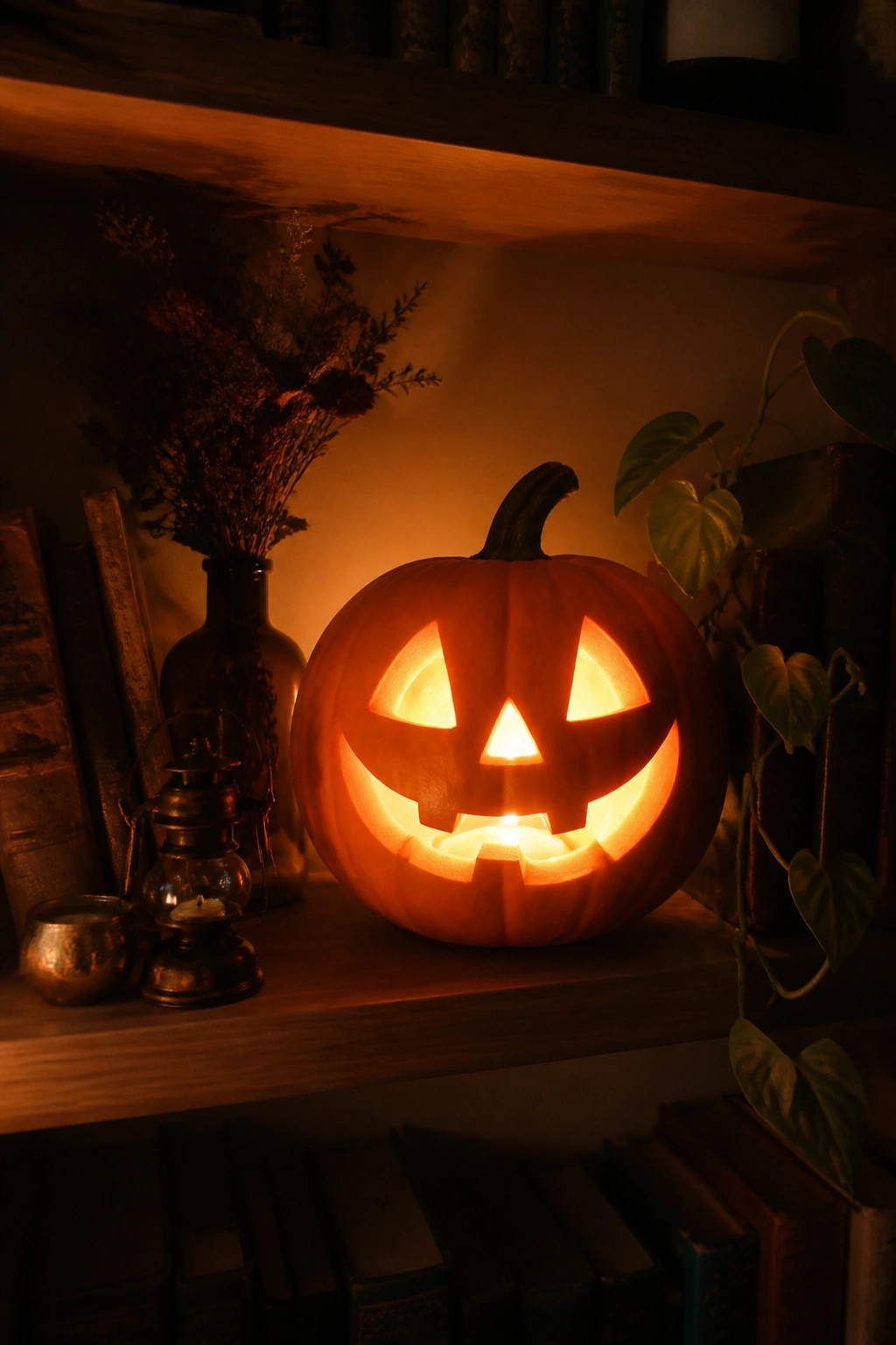 A carved and lit jack o lantern centered on a wooden shelf with books, a glass lantern, and dried flowers nearby.