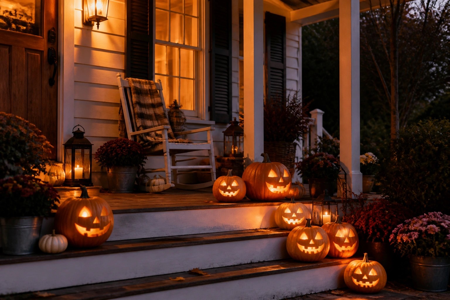 Front porch with multiple glowing jack o lanterns of various sizes arranged on the steps and ground area.