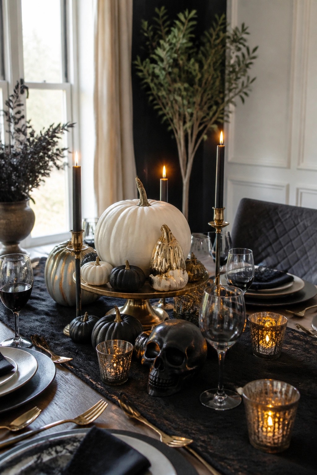 Moody black and gold table setting with pumpkins, skull, wine glasses, and flickering candles.