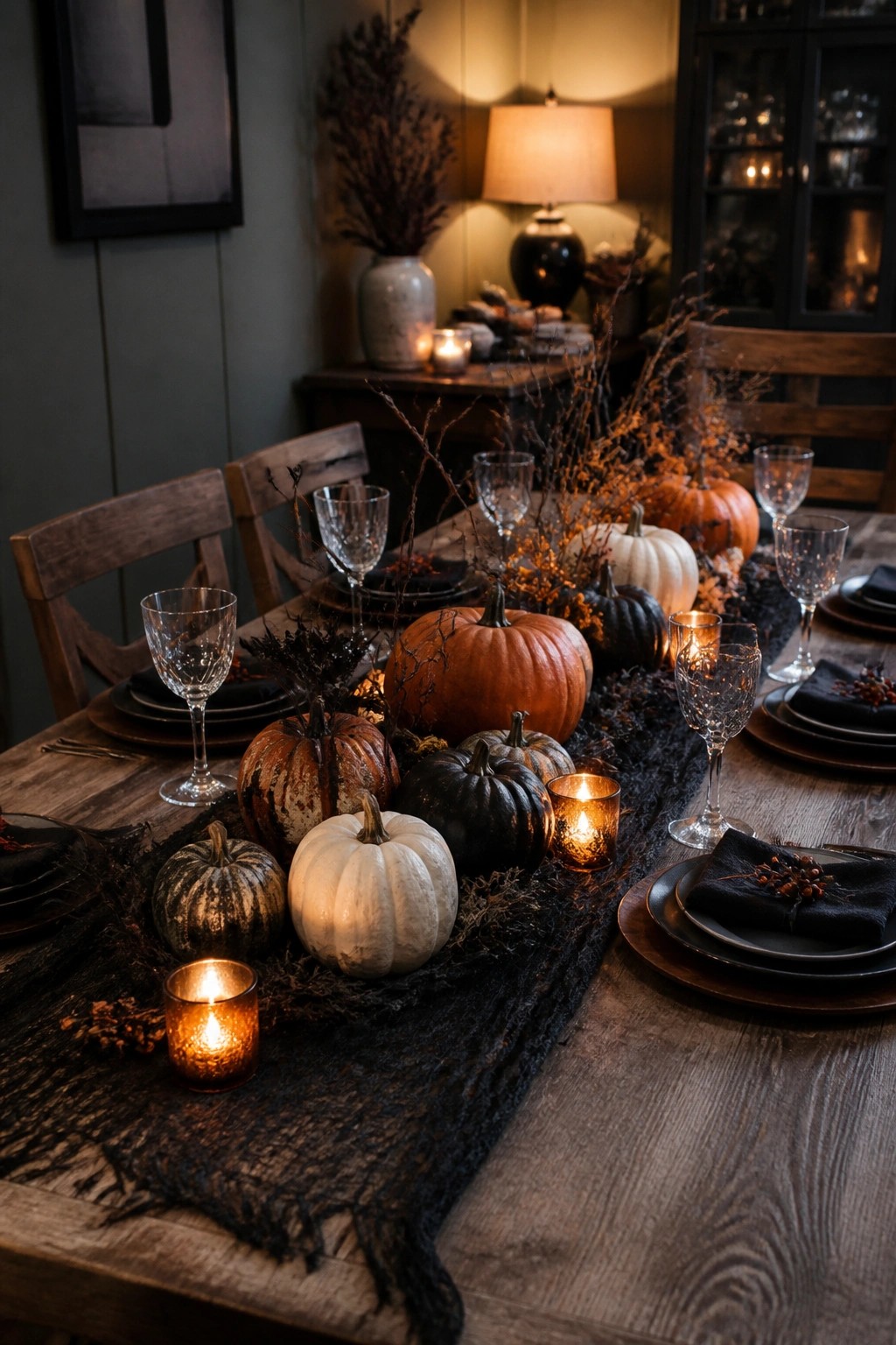 Long wooden dining table with a black gauze runner holding assorted pumpkins, dark branches, and small glowing candles as a centerpiece.