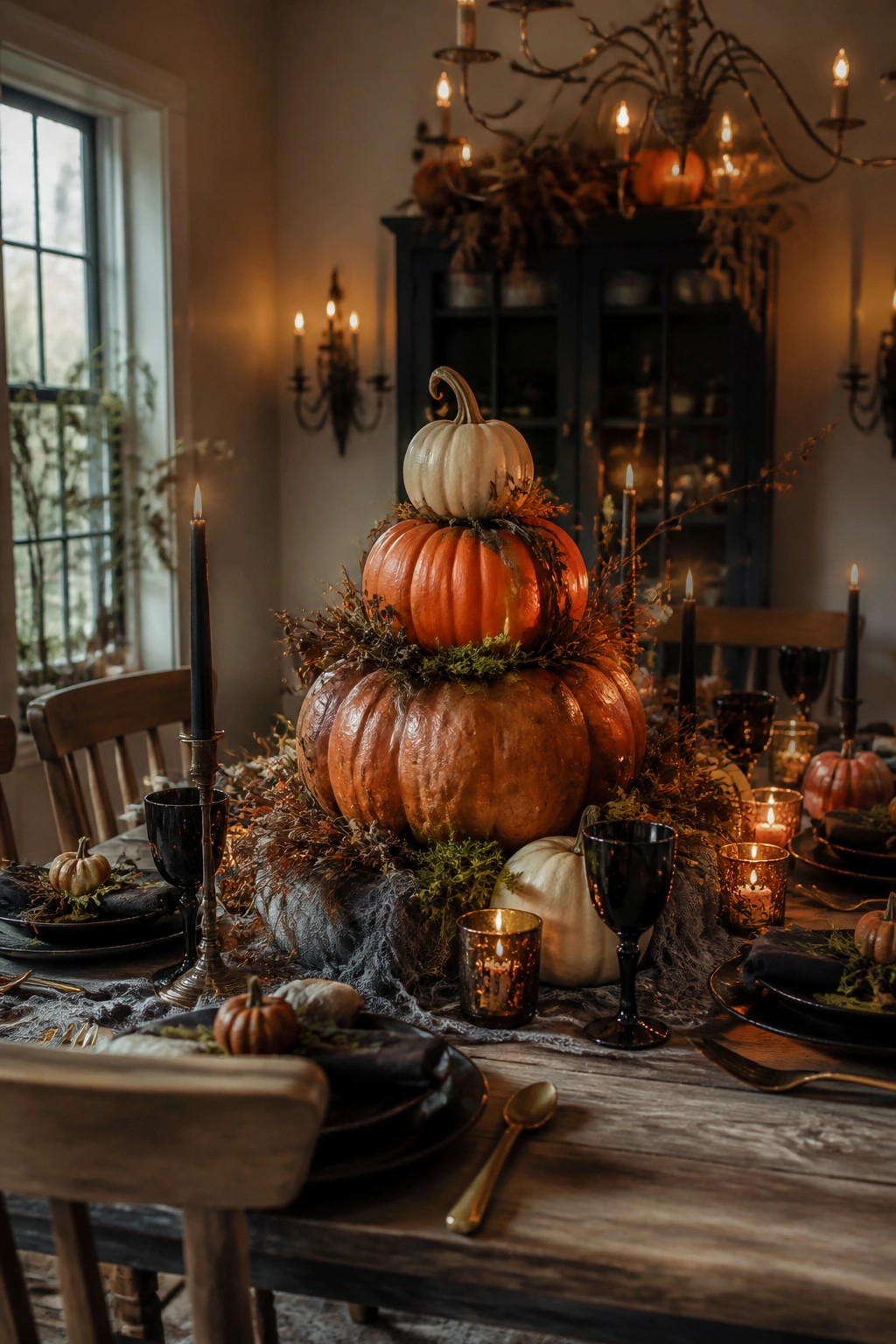 A dining table centerpiece made of stacked pumpkins in white and orange tones, surrounded by black candles and dark glassware.