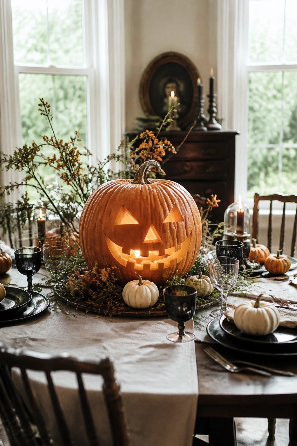 A carved and lit jack-o'-lantern sits at the center of a dining table surrounded by small white pumpkins, dark glassware, and autumn foliage.