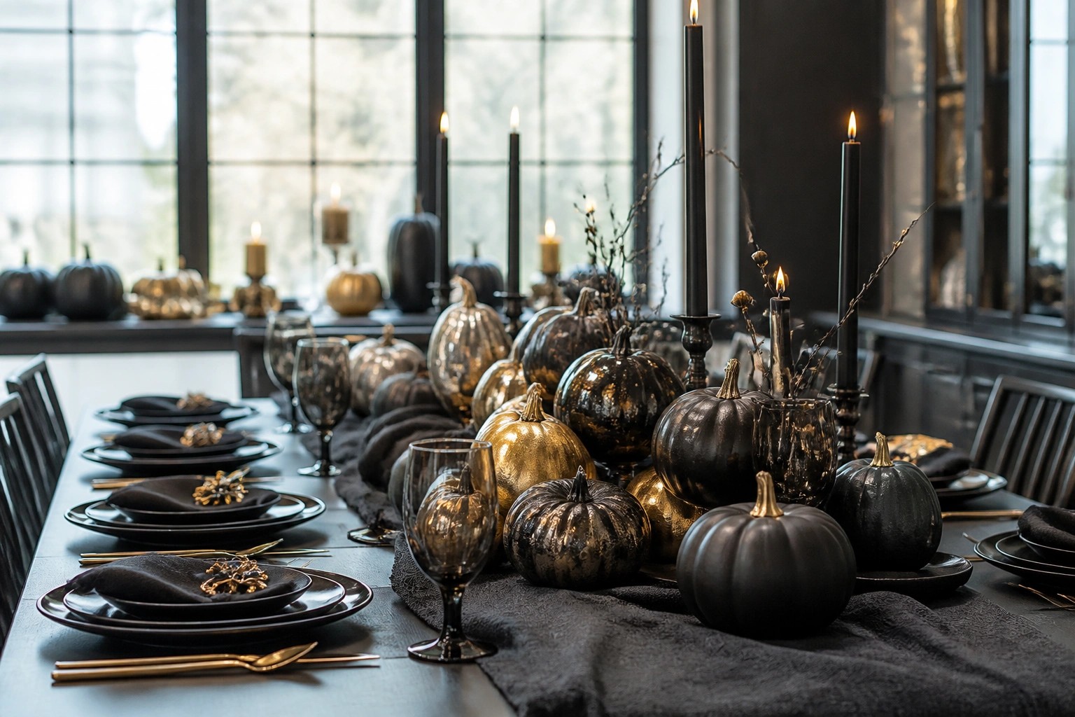 Elegant fall tablescape with metallic gold pumpkin, black candles, gold leaves, and dark linens.