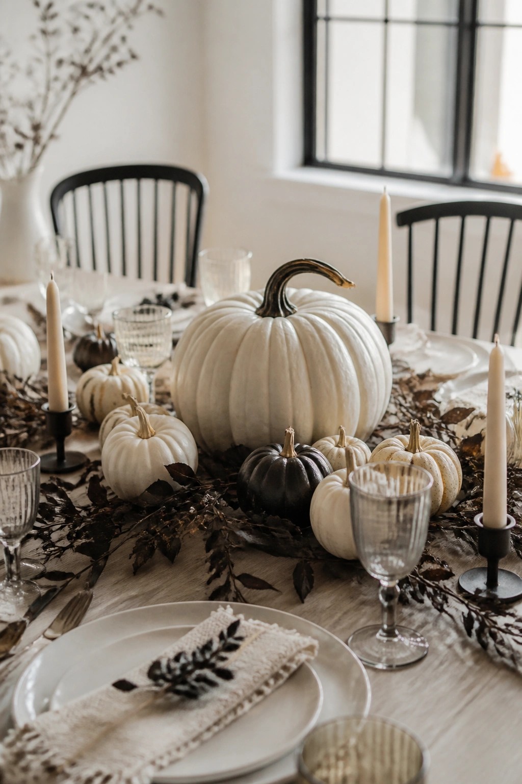 A dining table centerpiece featuring one large white pumpkin surrounded by smaller white and black pumpkins arranged on a bed of dried leaves with taper candles nearby.