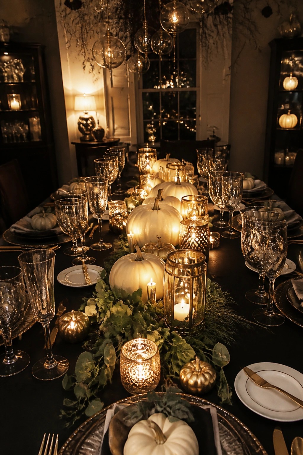 Elegant dark table set with white pumpkins, flickering candles, and ornate gold glassware.