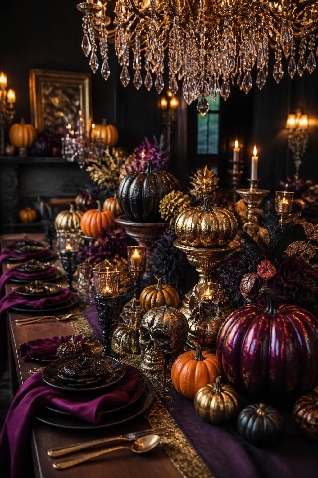 Dining table with black plates, purple napkins, and a long centerpiece of metallic gold, black, and purple pumpkins mixed with skulls and candles.