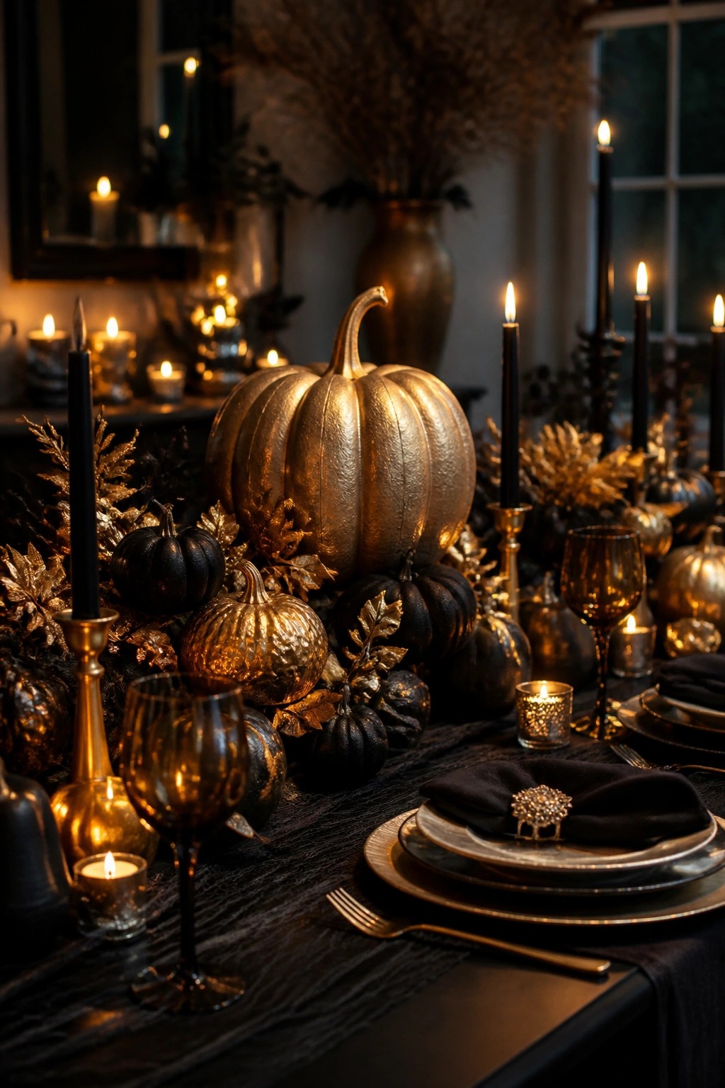 A dark dining table with a large metallic gold pumpkin centerpiece, smaller black and gold pumpkins, black candles, and formal place settings with black napkins.