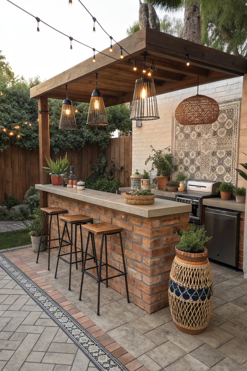 Outdoor bar with a red brick base, concrete countertop, three wooden counter-height stools, string lights, pendant fixtures, and a stainless steel outdoor kitchen area.