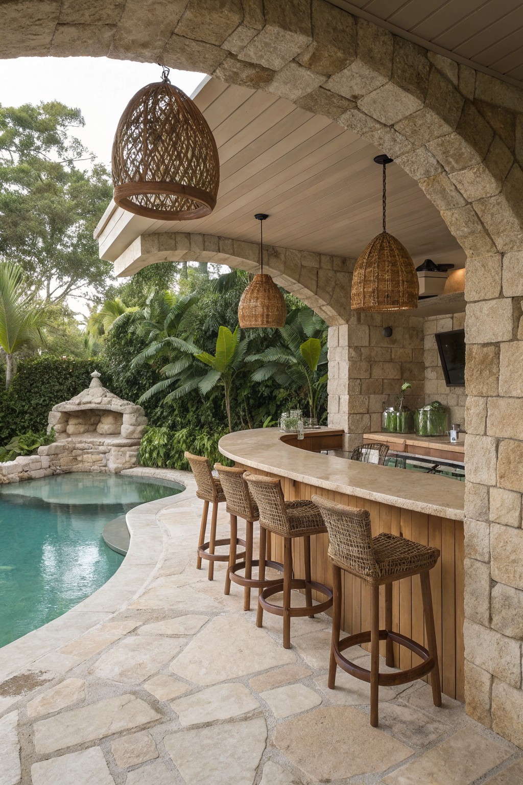 Stone bar with wicker stools beside pool under woven pendant lights.