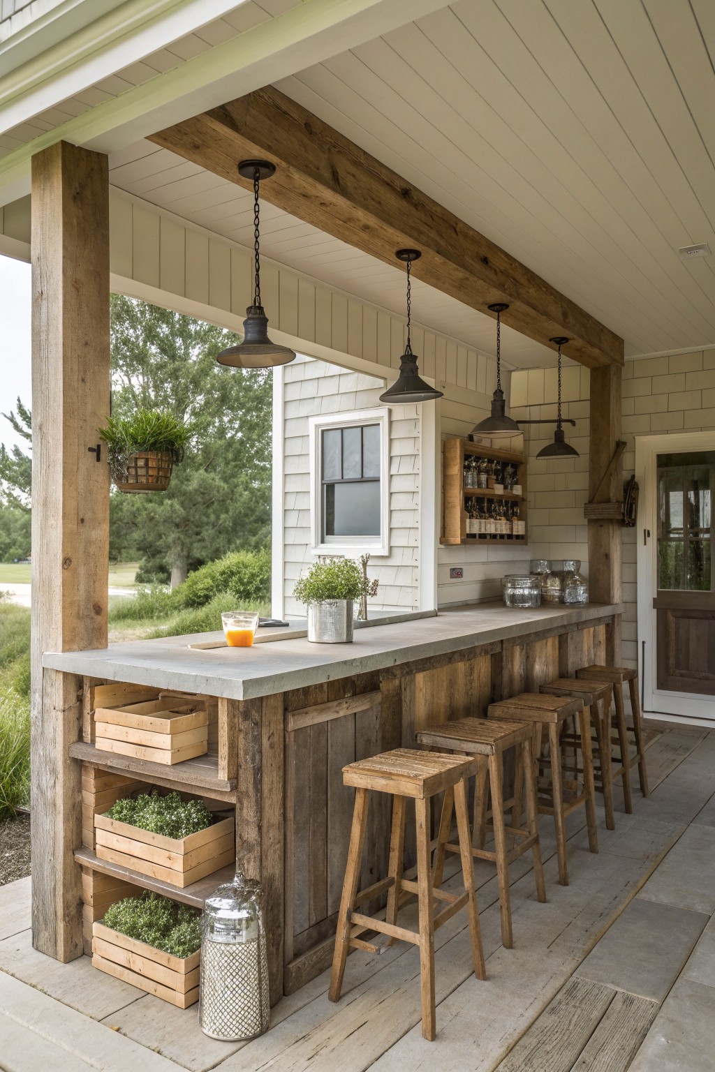 Rustic porch bar with concrete top, wooden stools, hanging lights, and plant crates