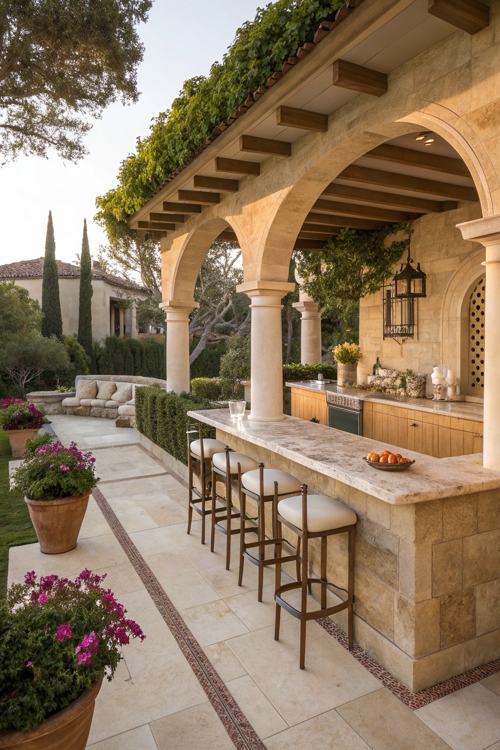An outdoor stone bar counter with four counter-height stools lined up underneath, set beneath arched beams on a patio.