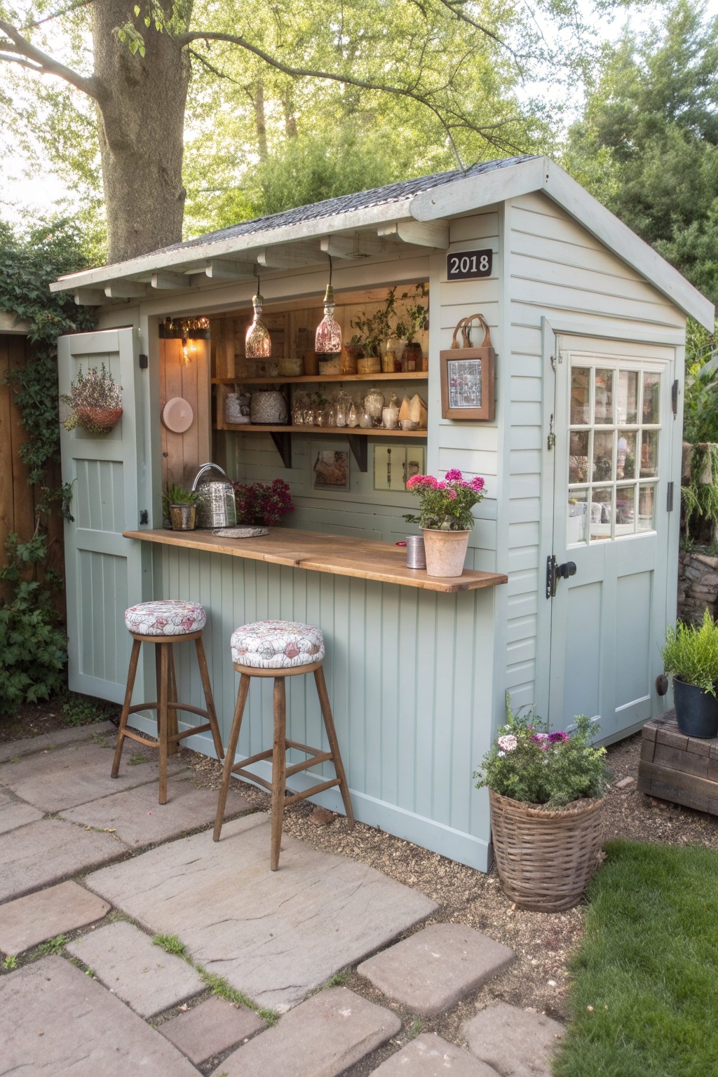 A light green garden shed with an attached wooden bar counter, two upholstered stools, hanging pendant lights, and potted plants in a backyard.
