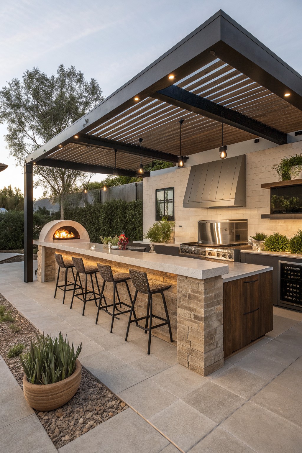 An outdoor kitchen patio with a long concrete counter, four woven bar stools on black frames, a stone pizza oven, and stainless steel appliances under a dark pergola.