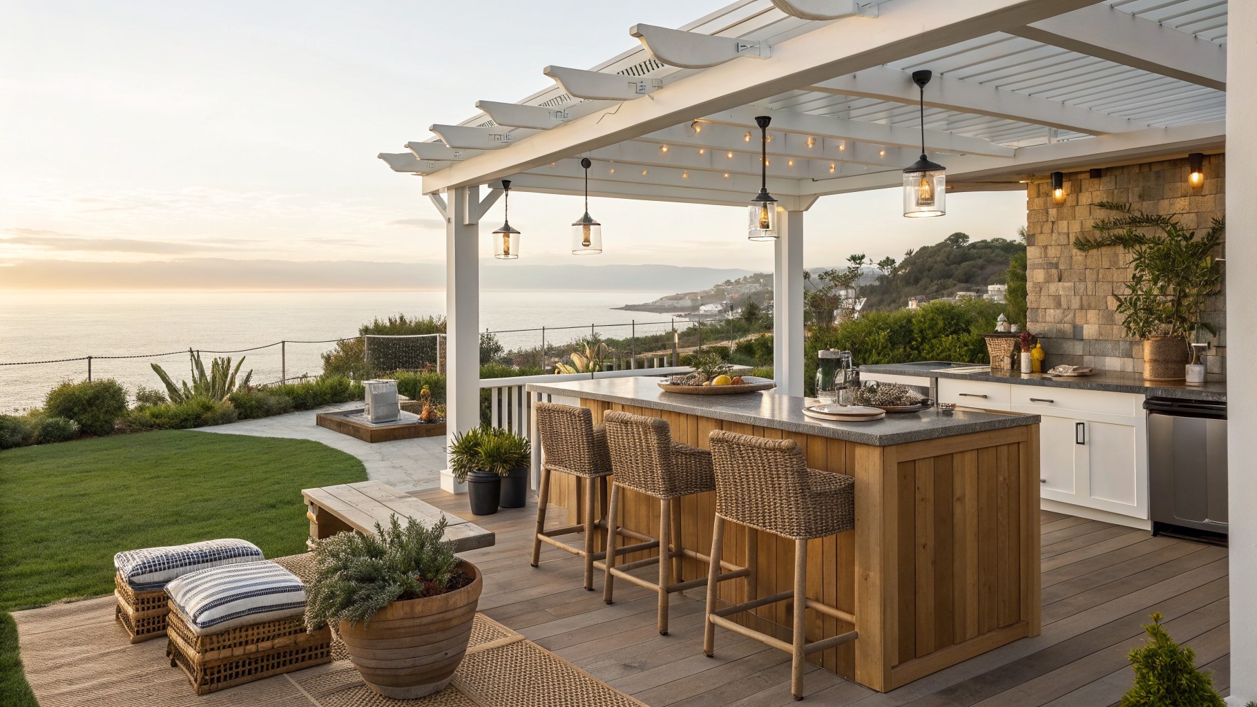 An outdoor wooden bar counter with six woven counter-height stools on a deck overlooking the ocean at sunset.