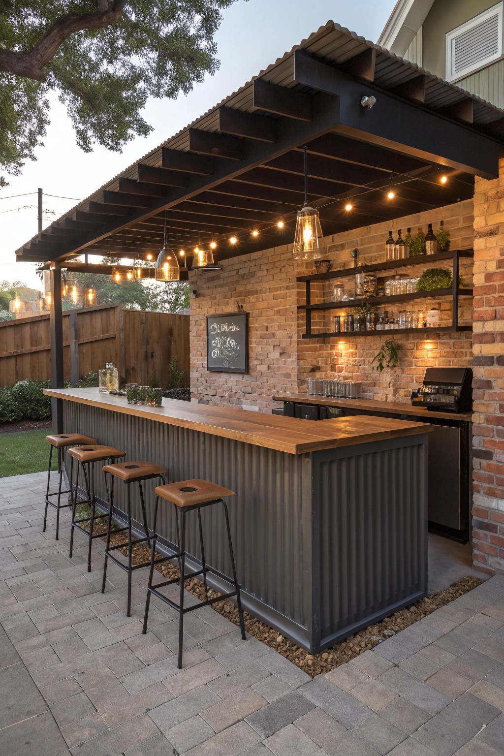 An outdoor bar area with a long wooden counter, four brown upholstered stools, a corrugated metal base, and shelves against a brick wall.
