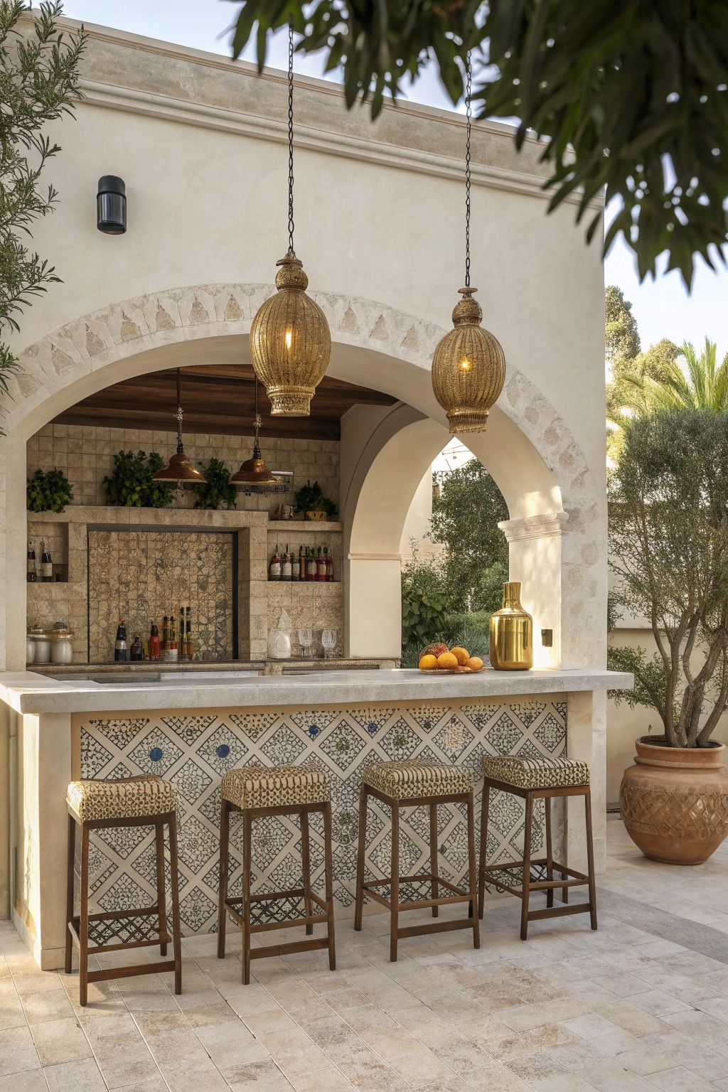 An outdoor bar counter with four counter-height stools lined up in front, featuring a patterned tile front and hanging lanterns above.