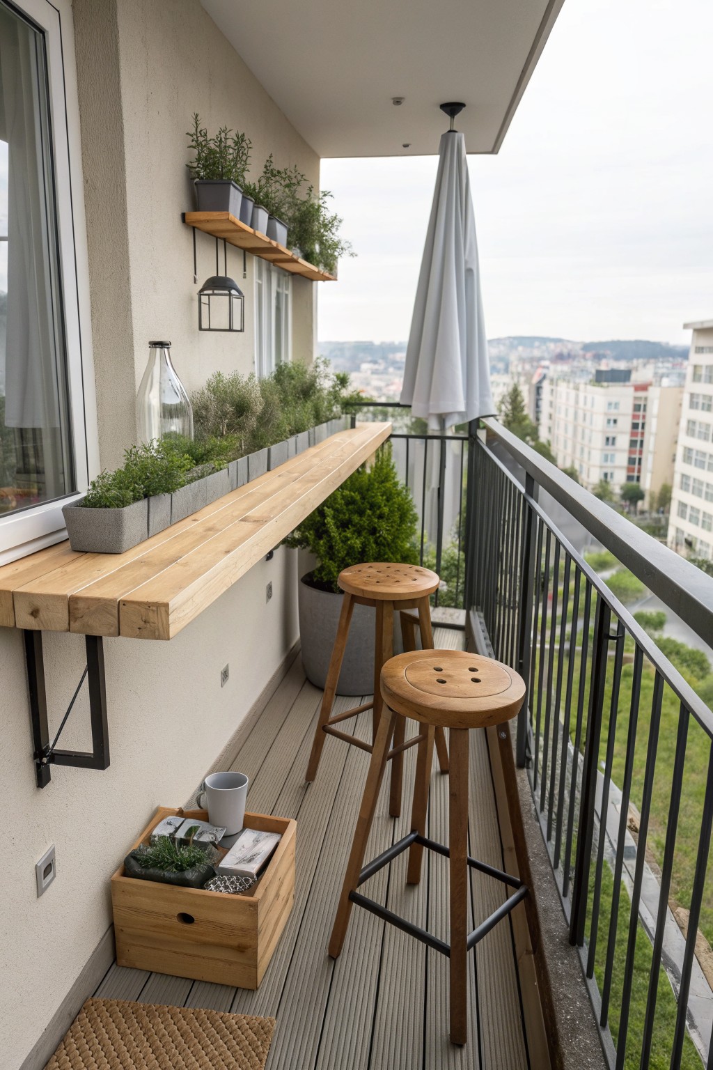 A balcony features a long wooden counter mounted to the wall with two tall wooden stools positioned underneath and potted plants along the ledge.