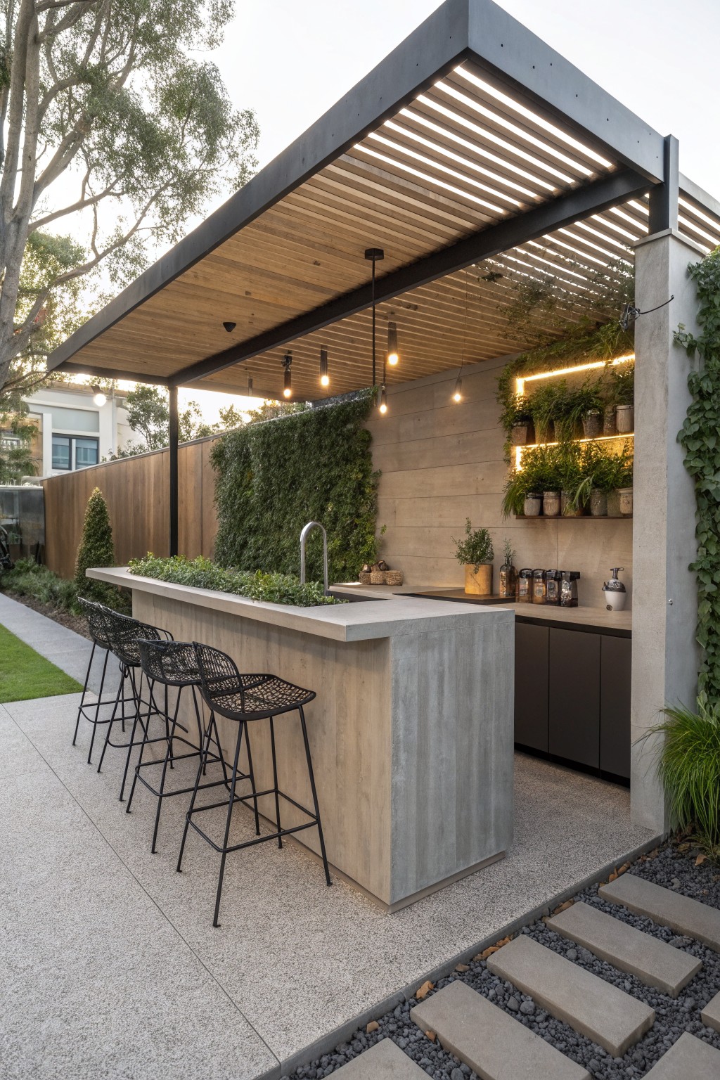 An outdoor bar area with a long concrete counter, four black metal stools lined up along one side, dark cabinets underneath, and a wooden slat roof with hanging lights.
