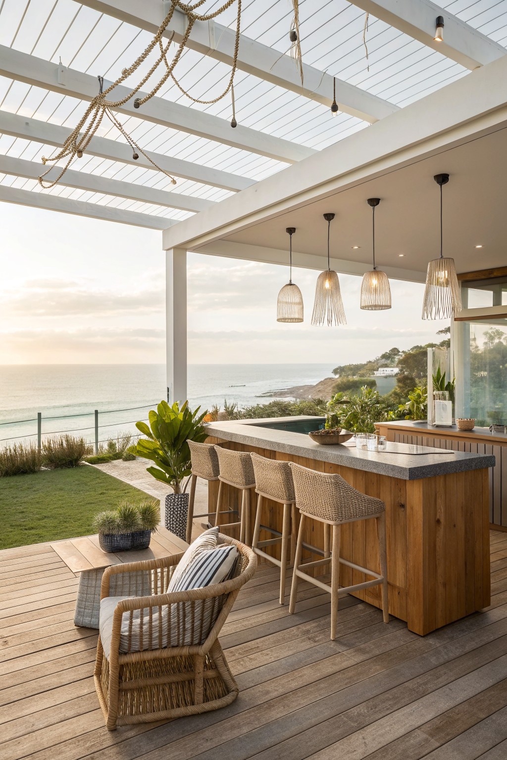 An outdoor wooden bar counter with six woven counter-height stools on a deck overlooking the ocean at sunset.