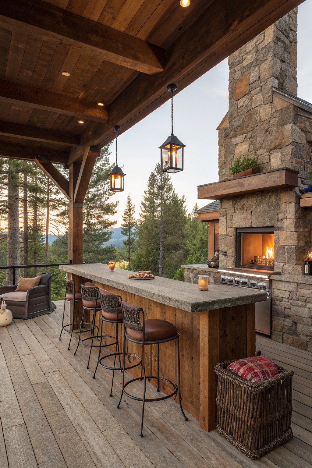 Outdoor bar counter with four counter-height stools on a wooden deck beside a stone fireplace.