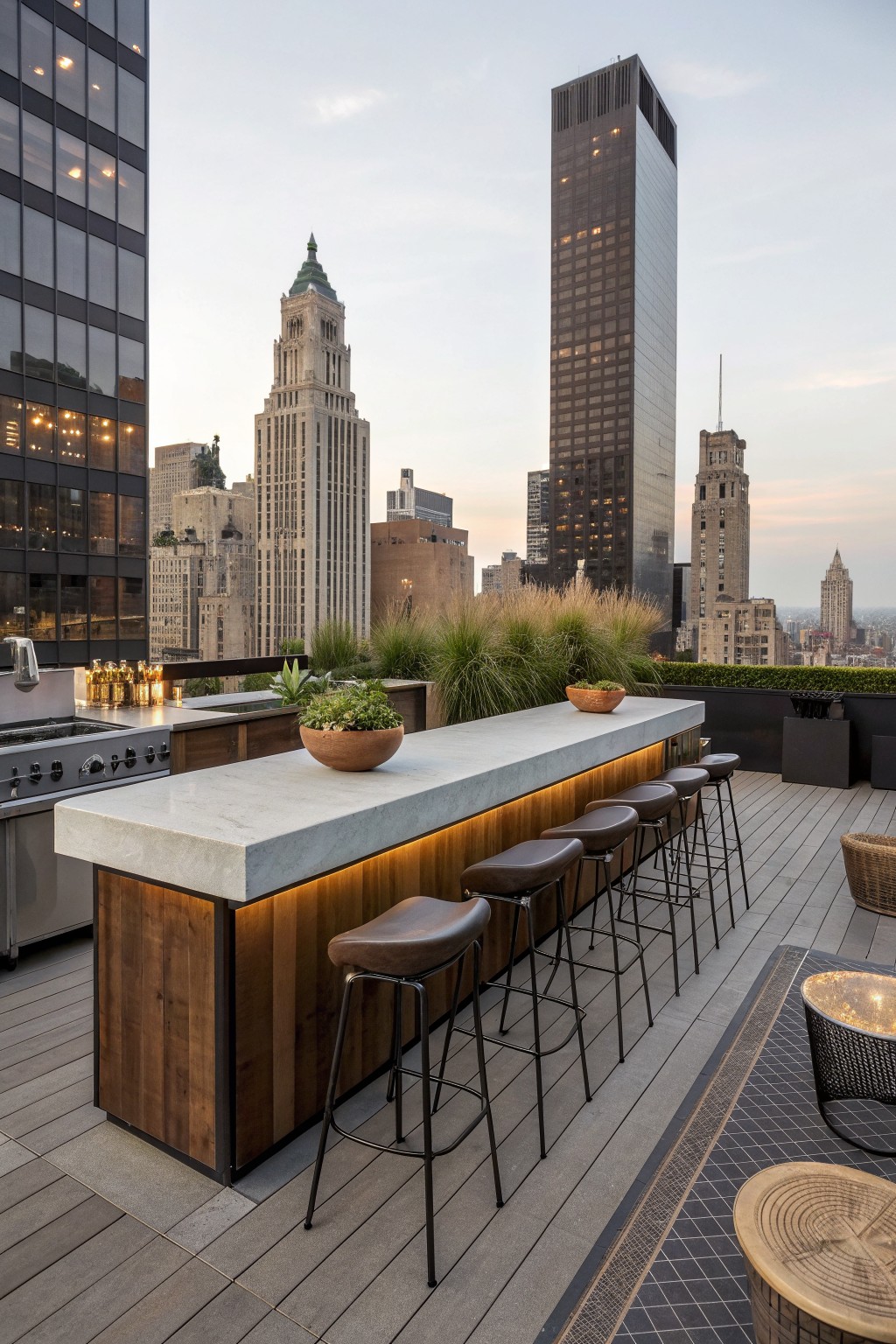Rooftop terrace with a long concrete bar counter, wooden base, and five brown upholstered stools lined up along one side overlooking city buildings.