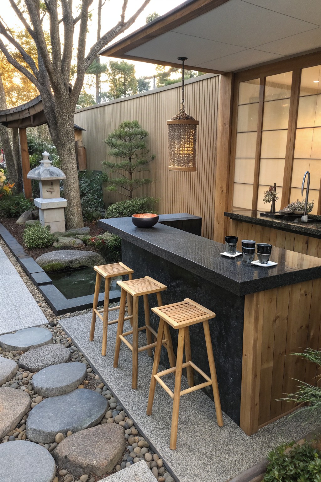 An outdoor bar with a dark stone countertop on a wooden base and three light wooden stools lined up along the front, next to a garden pond and trees.