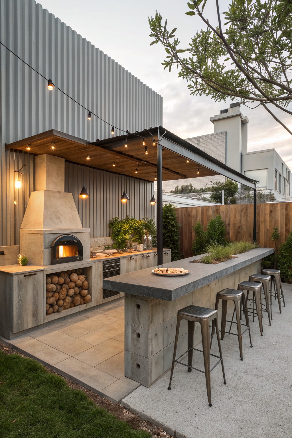 Modern outdoor kitchen with concrete pizza oven, bar counter, stools, and string lights.