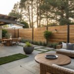 A backyard patio enclosed by a tall wooden fence with horizontal slats, featuring an L-shaped sectional sofa, a concrete fire pit table, and woven chairs on gravel and stone paving.