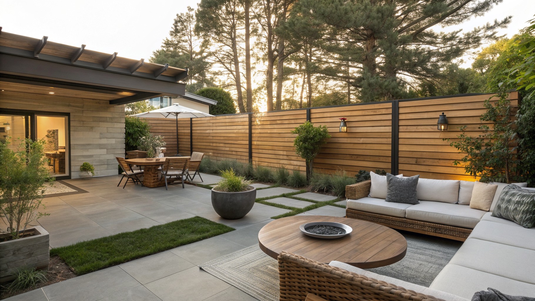 A backyard patio enclosed by a tall wooden fence with horizontal slats, featuring an L-shaped sectional sofa, a concrete fire pit table, and woven chairs on gravel and stone paving.