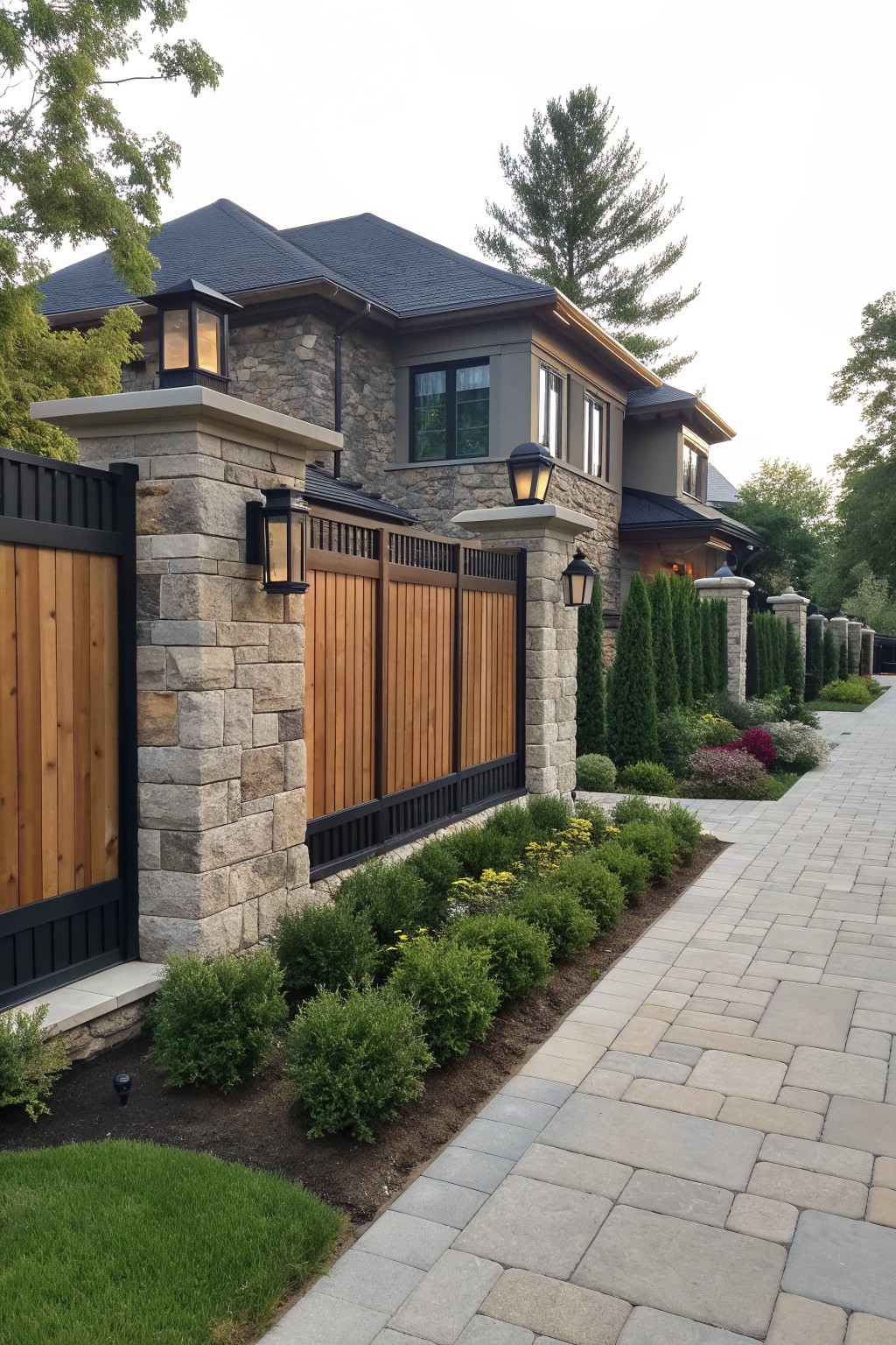 Luxury stone house with wooden gate, black lanterns, shrubs, and paved walkway.