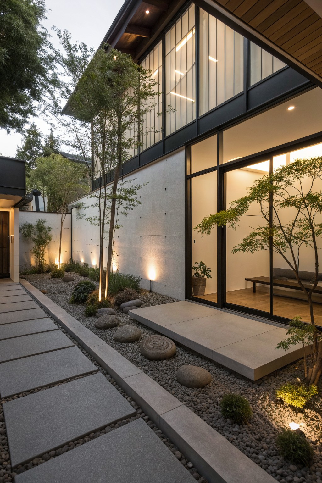 Modern house with large glass windows beside a gravel garden and stone path.