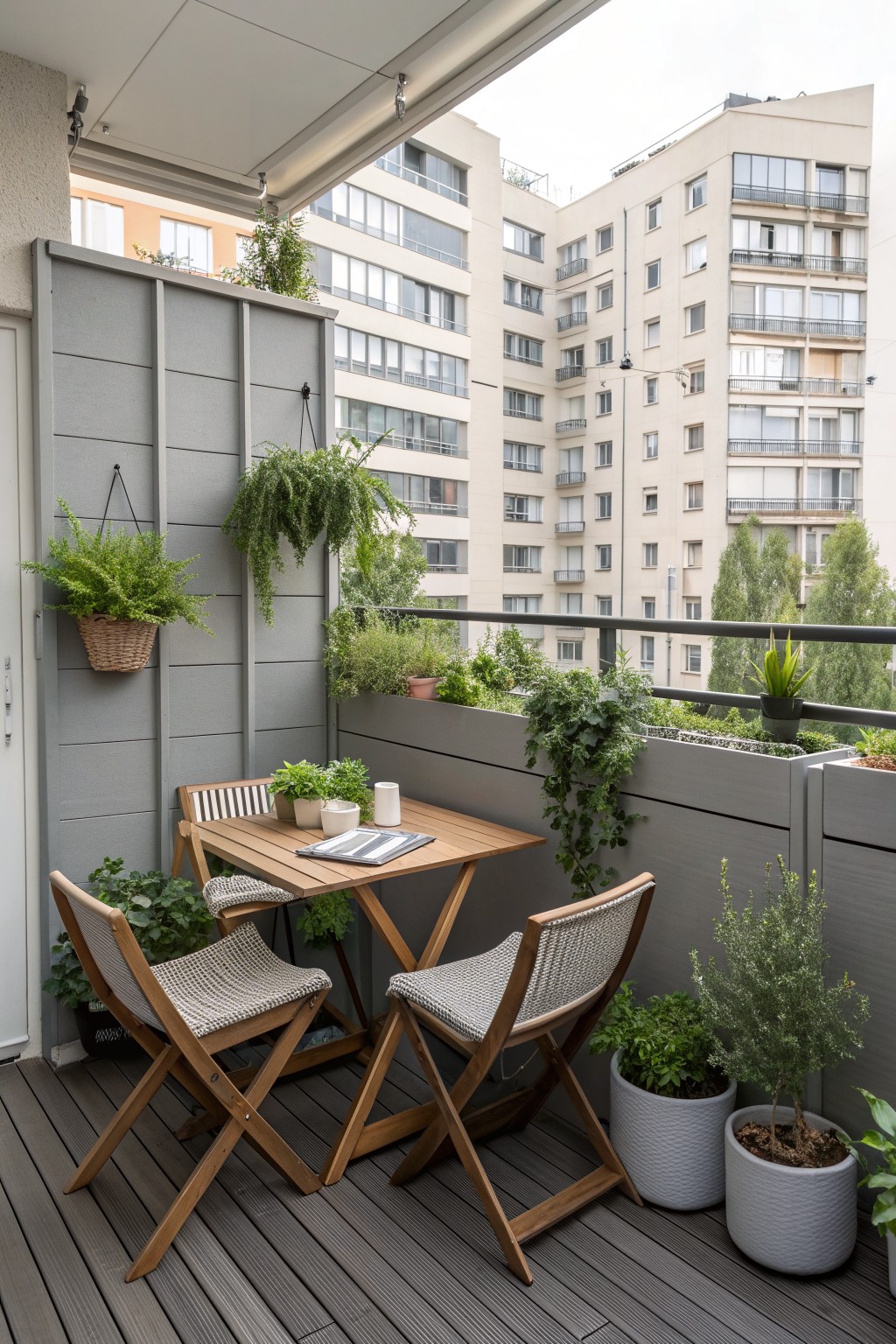 Wooden table and chairs on plant-filled balcony overlooking urban apartment buildings