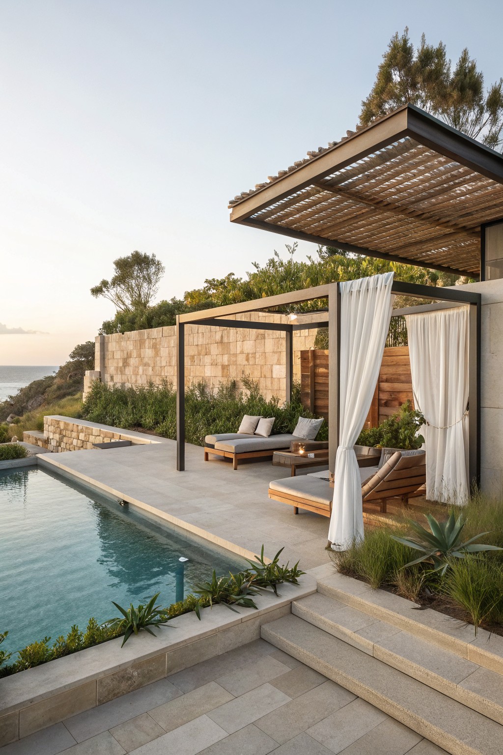 An outdoor pool deck with lounge chairs under a pergola, white curtains, a tall stone wall, and surrounding greenery.