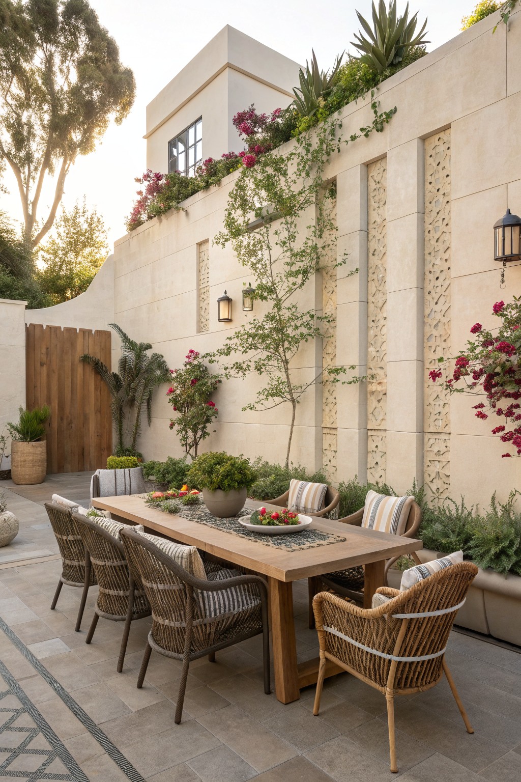 An outdoor patio with a long wooden dining table surrounded by woven chairs, enclosed by tall beige walls covered in climbing vines and flowering plants.