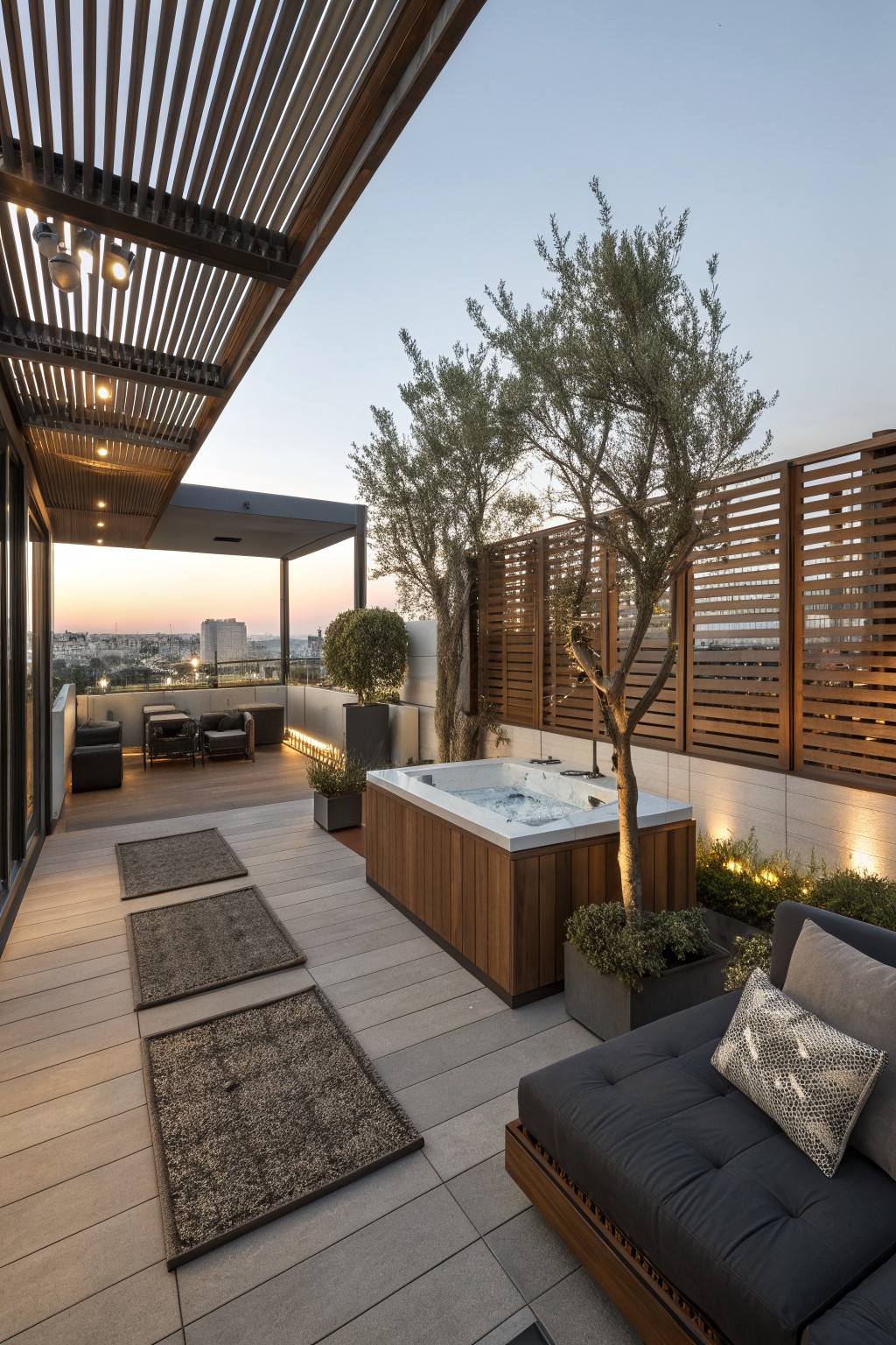 Rooftop terrace with tall wooden slatted privacy screens, a hot tub, outdoor seating, and trees.