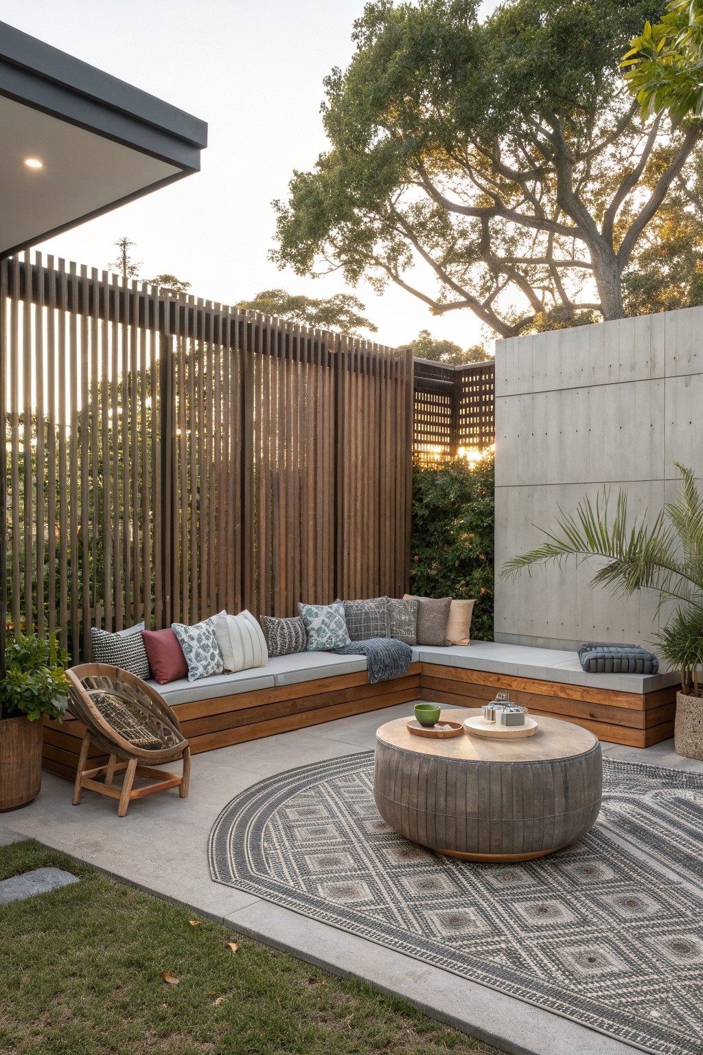 Modern outdoor patio with wooden bench seating, round coffee table, patterned rug, and greenery at sunset