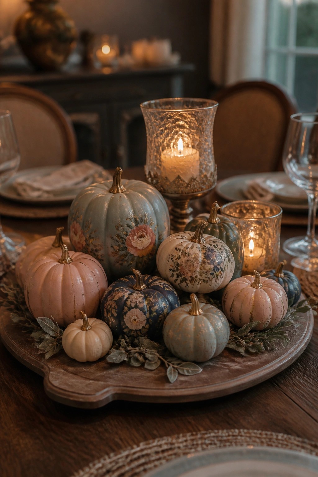 Wooden tray holding multiple painted mini pumpkins with floral designs and gold stems arranged on a dining table with lit candles.
